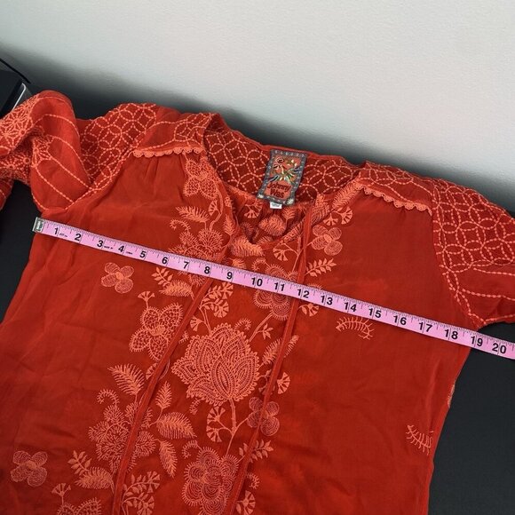 Johnny Was Women's Jolie Selena Tie Neck Tunic Top Size XXS Red Embroidered - Picture 5 of 7